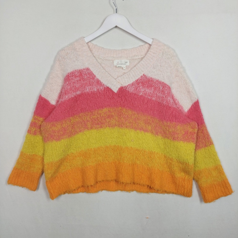 Anthropologie Striped V-Neck Merino Wool Alpaca Blend Sweater Pink Orange LP